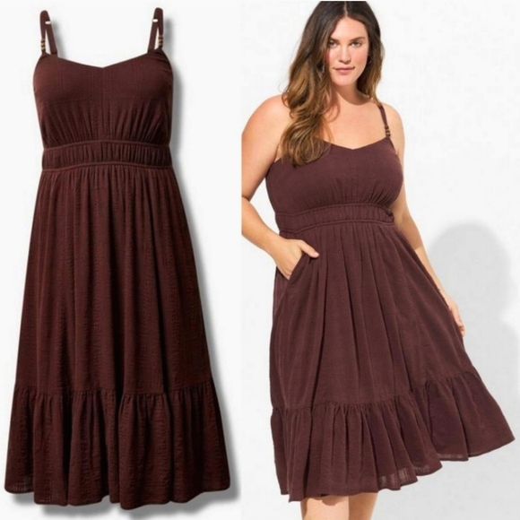 TORRID 2x Midi Textured Tiered Cotton Sun Dress Plus Size Brown - Picture 11 of 11
